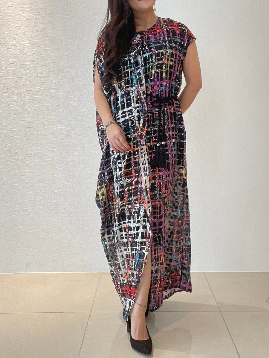 チェック柄 アシンメトリーワンピース  ロング